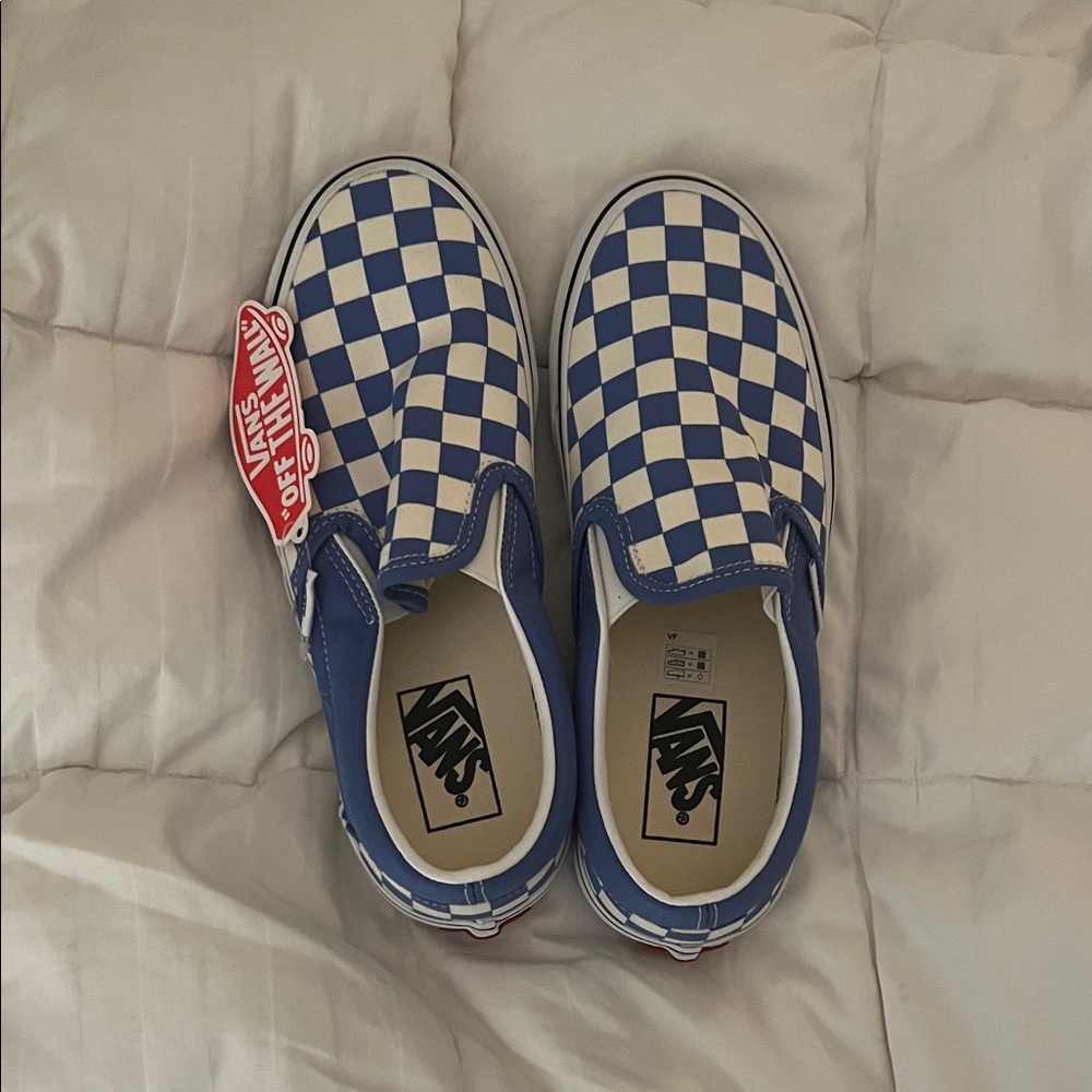 Vans Women’s Purple and White Checkerboard Slip-Ons